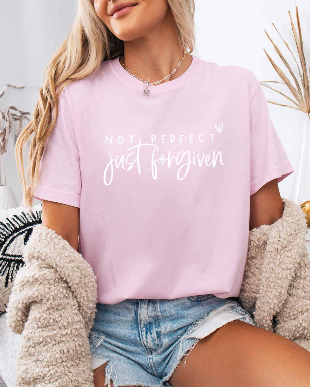Light purple garment-dyed T-shirt with “Not perfect, just forgiven” graphic
