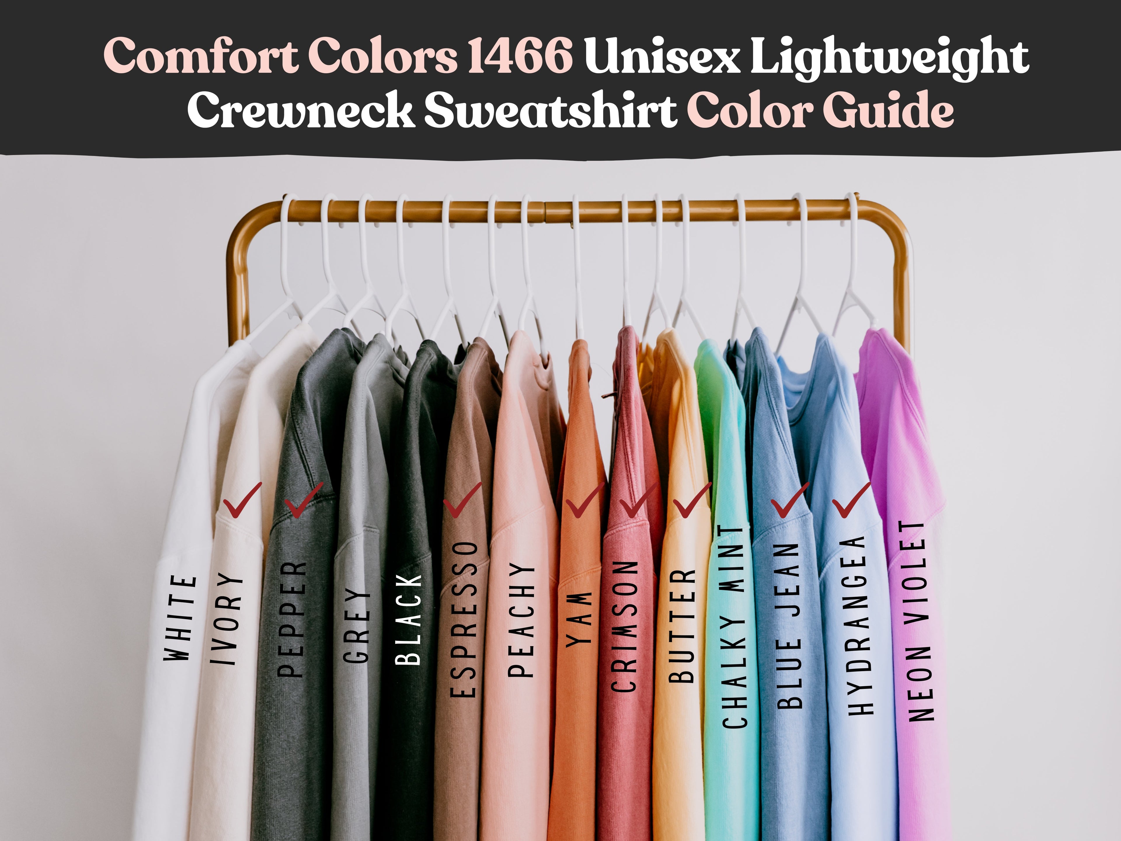 Comfort Colors 1466 unisex sweatshirt color chart with multiple available shades