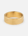 Gold tone ribbed band ring with curved grooves and smooth inner band