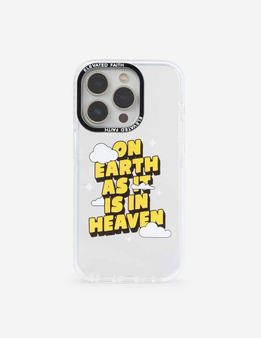 Clear phone case with yellow text graphic, cloud icons, and star accents