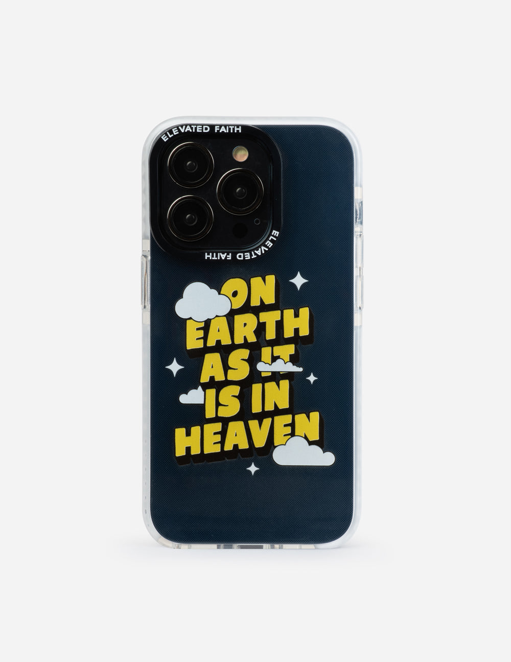 Dark blue phone case with yellow text graphic, cloud icons, and star accents