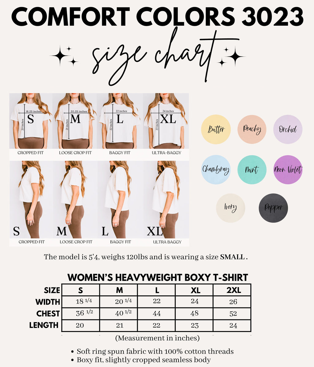 Women’s boxy T-shirt size chart for Comfort Colors 3023, women's sizing S–2XL.
