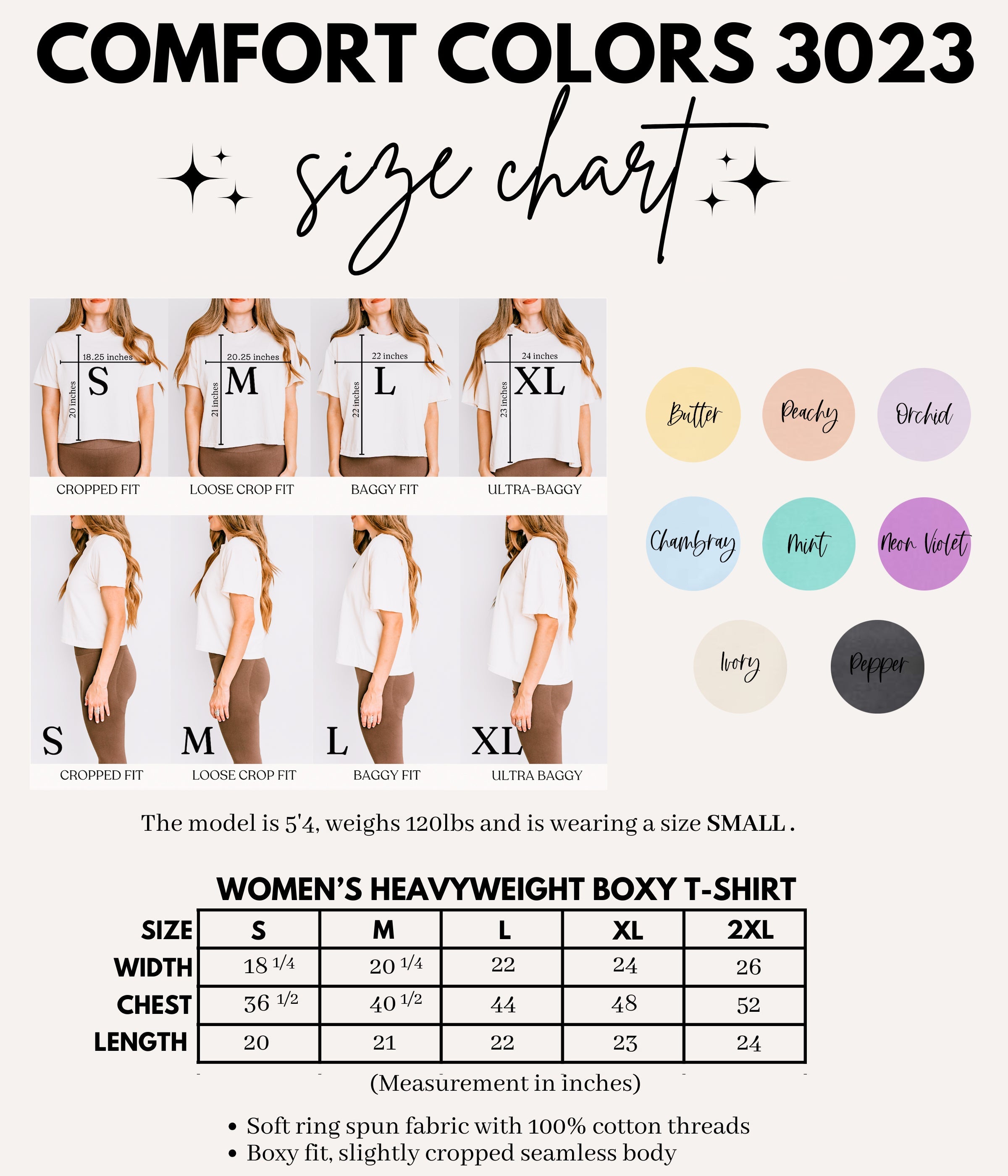 Women’s boxy T-shirt size chart for Comfort Colors 3023, women's sizing S–2XL.