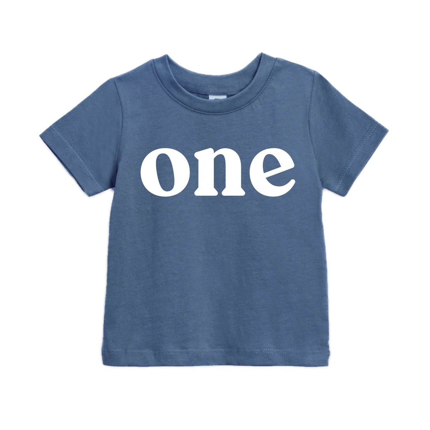 Blue toddler T-shirt with “one” serif print, crew neck short sleeves