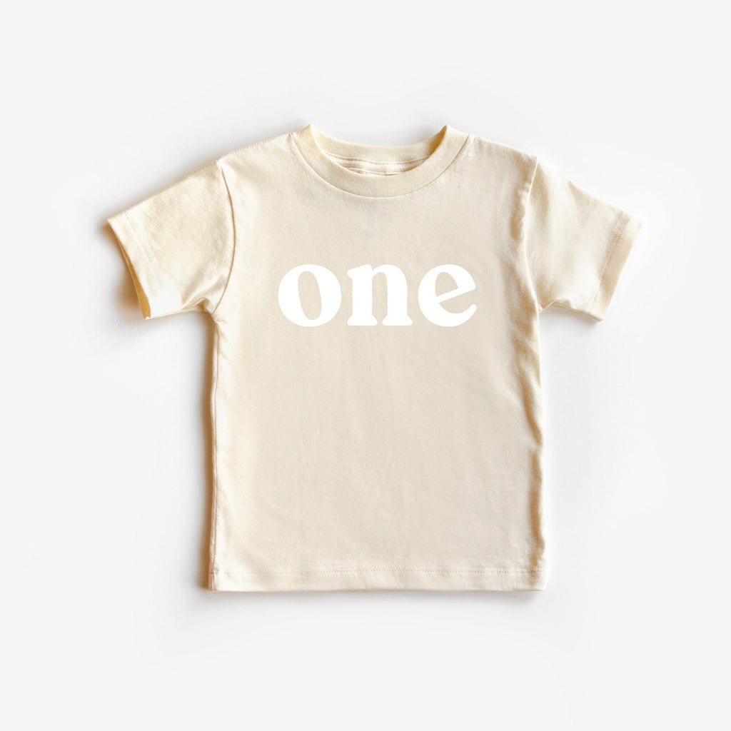 Natural kids organic cotton tee with 'one' serif graphic