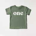 Thyme green kids organic cotton tee with 'one' serif graphic