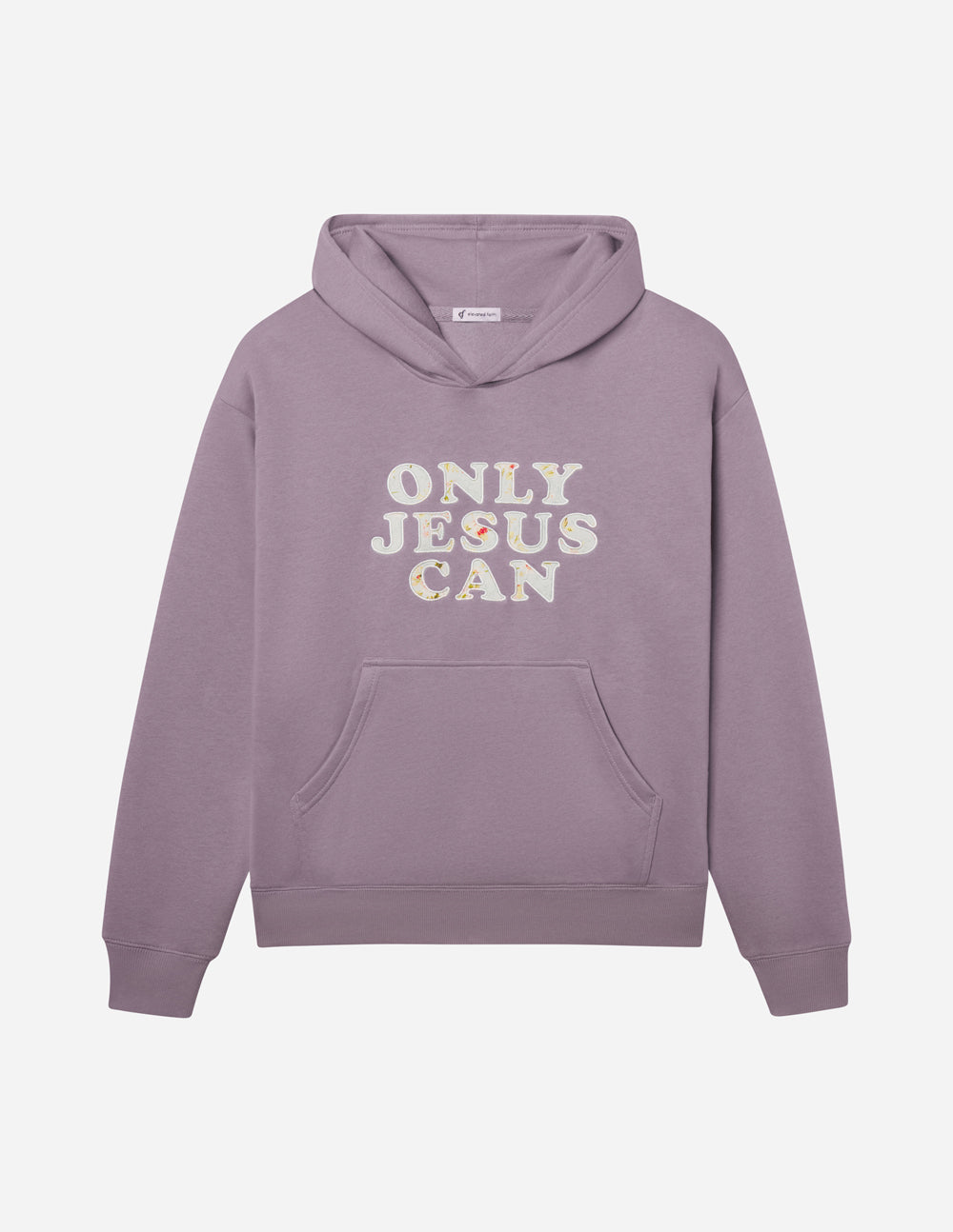 Lavender unisex pullover hoodie with "ONLY JESUS CAN" text and front pocket