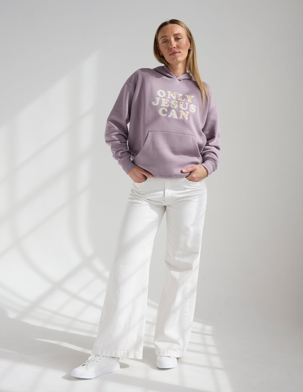 Lilac unisex hoodie with hood and kangaroo pocket, "ONLY JESUS CAN" print