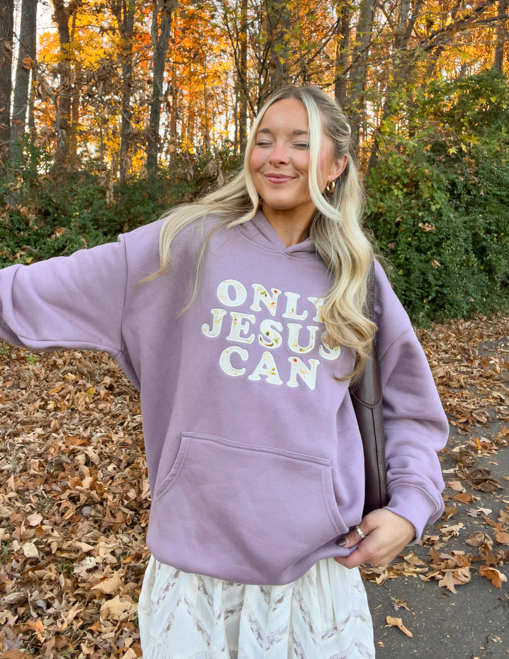 Lilac unisex hoodie with hood and center "ONLY JESUS CAN" graphic