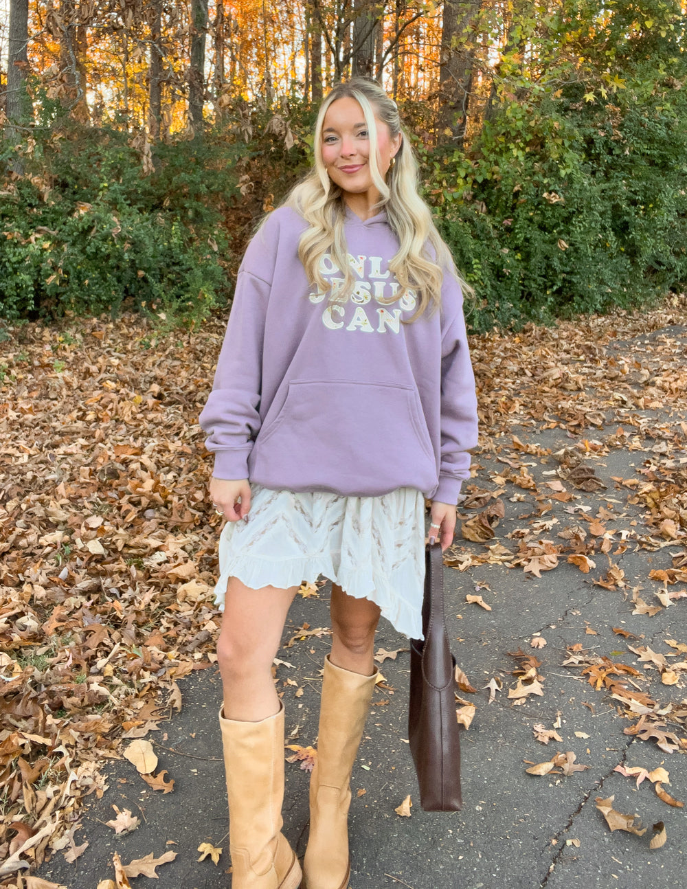 Lilac unisex hoodie with hood and front pocket, "ONLY JESUS CAN" print