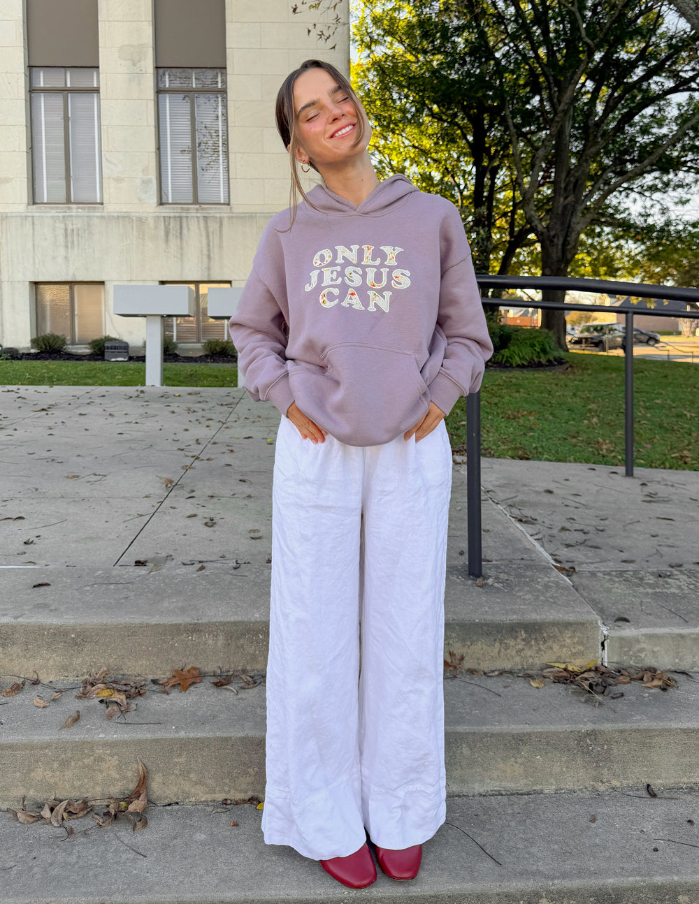 Lilac unisex hoodie with hood and "ONLY JESUS CAN" chest print