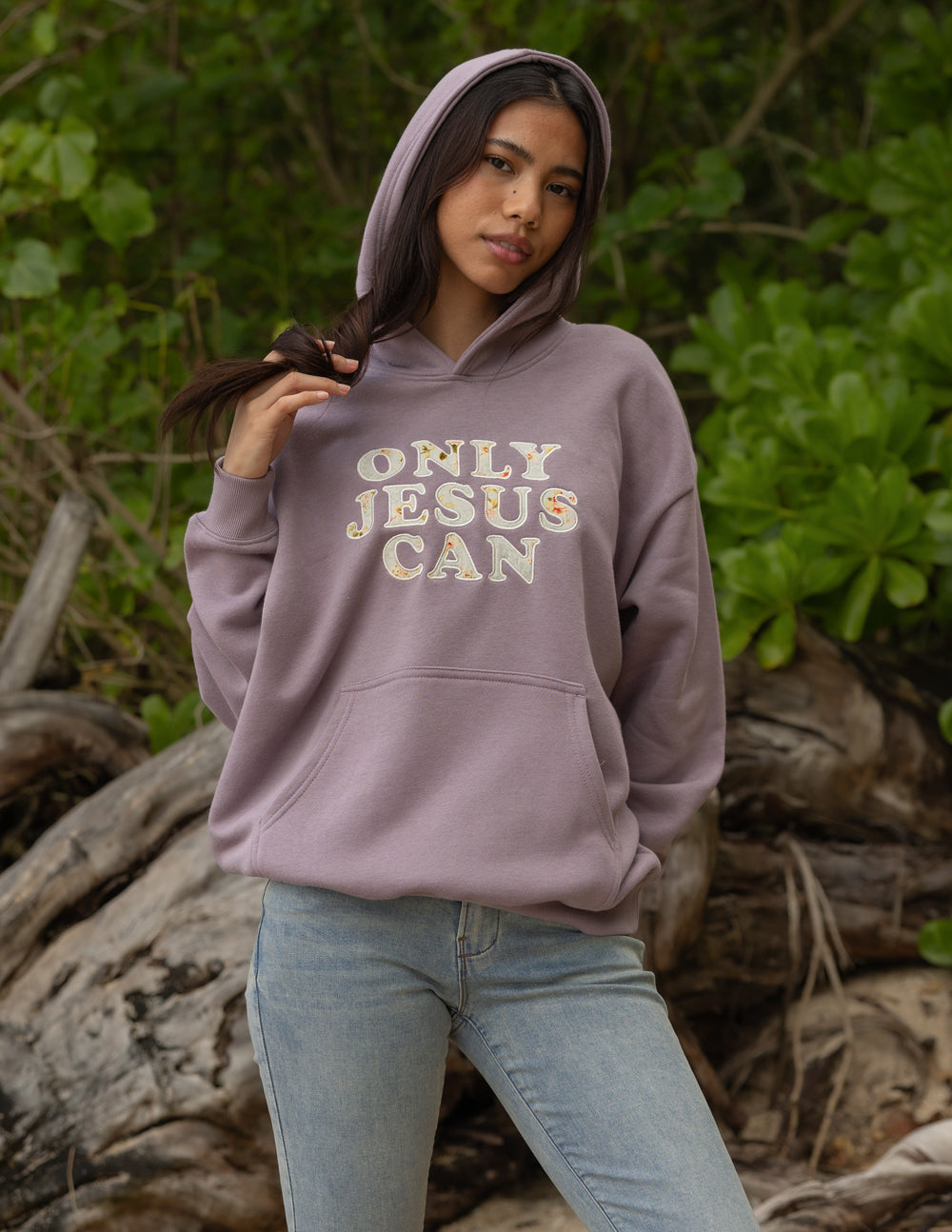 Lilac unisex hoodie with hood and front pocket, "ONLY JESUS CAN" print