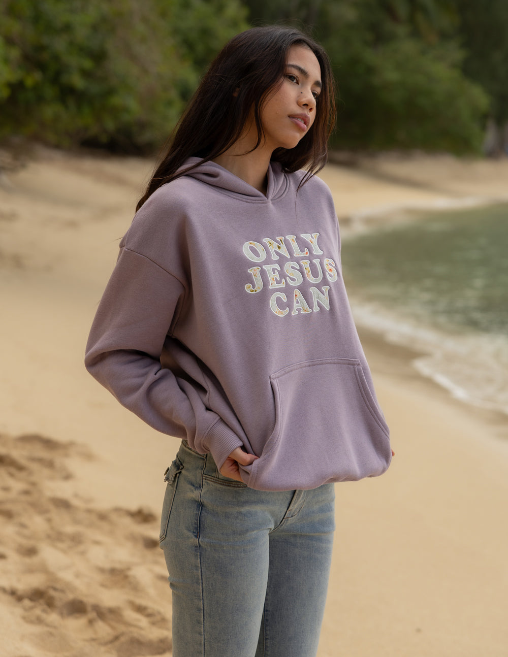 Lavender unisex hoodie, "ONLY JESUS CAN" logo, side view with hood