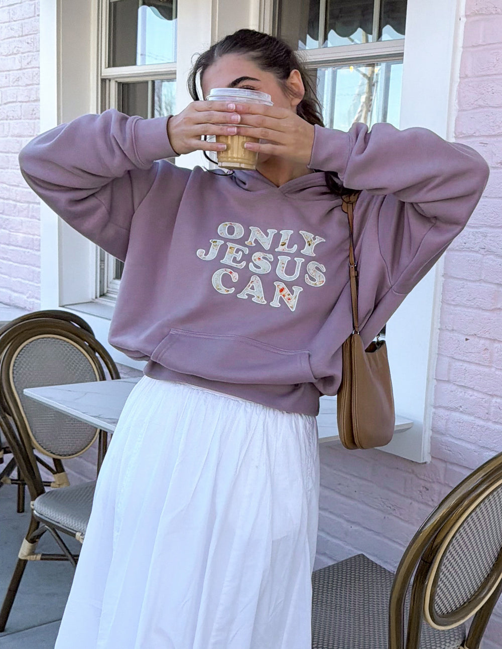 Lavender unisex hoodie with "ONLY JESUS CAN" logo, hood up and pocket visible