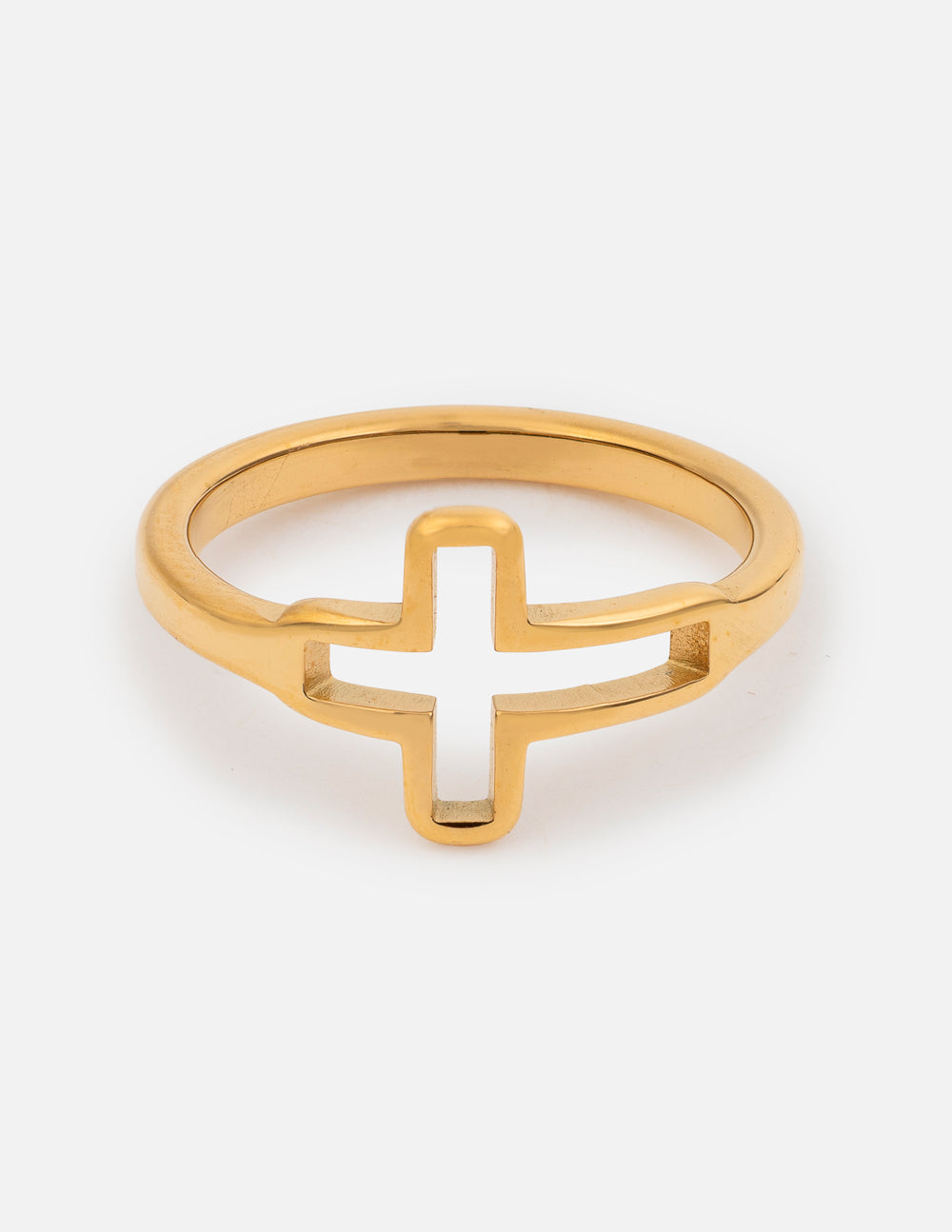 Gold-tone open cross ring with open band and cross pendant on top