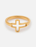 Gold-tone open cross ring with open band and cross pendant on top