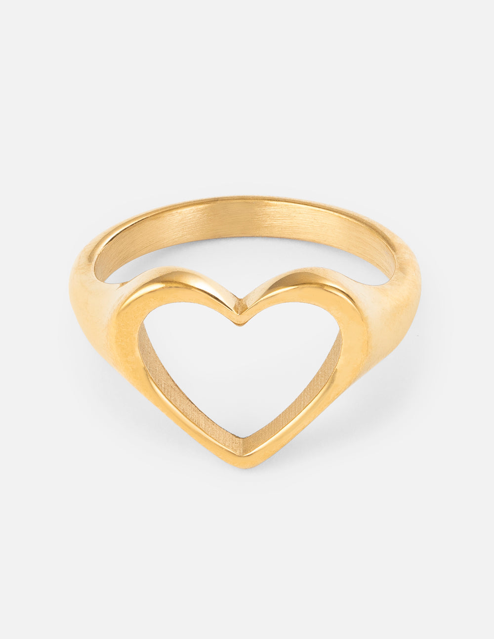 Gold-tone open heart ring with heart-shaped cutout motif.