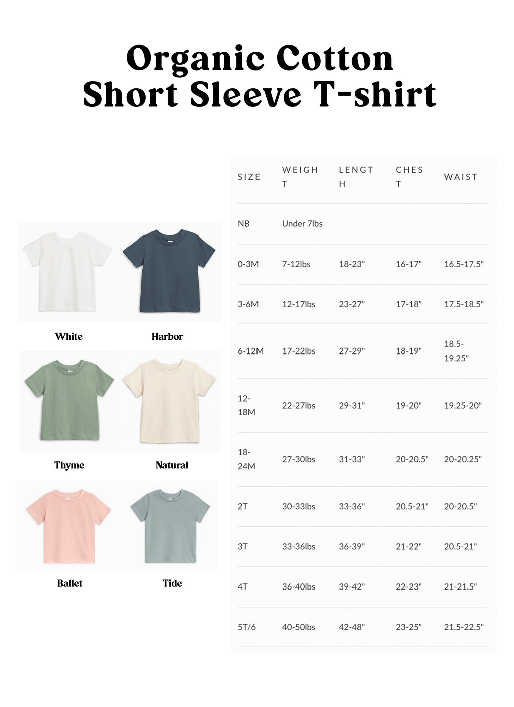 Organic cotton short sleeve T-shirt size chart with measurements by age
