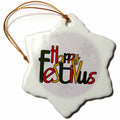 White porcelain snowflake ornament with Happy Festivus print and gold hanging cord
