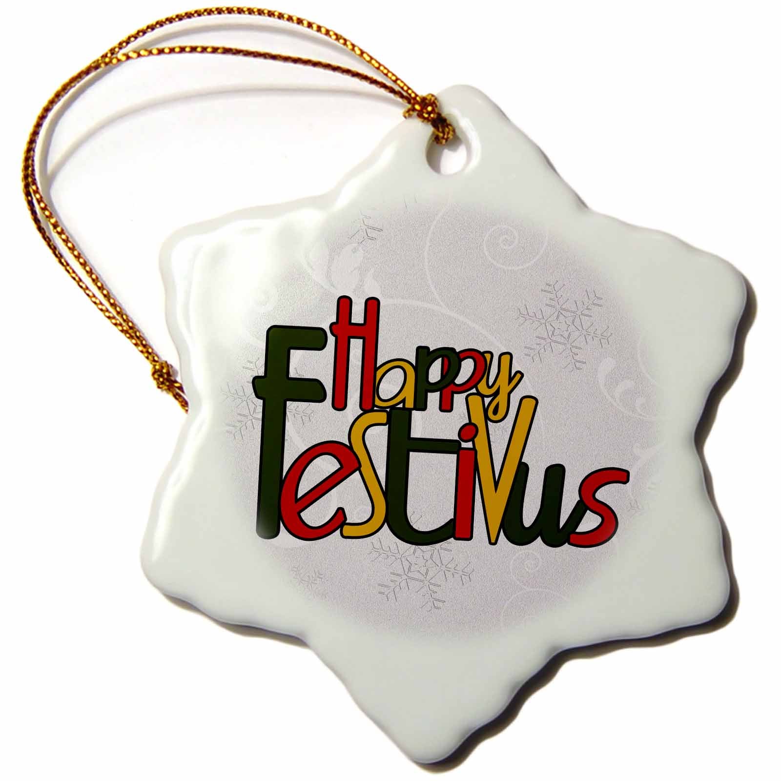 White porcelain snowflake ornament with Happy Festivus print and gold hanging cord