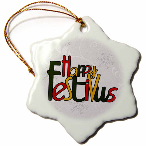 White porcelain snowflake ornament with Happy Festivus print and gold hanging cord