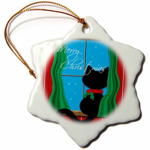 Snowflake porcelain ornament with black cat by window, green scarf, Merry Christmas text