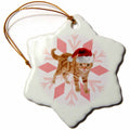 White snowflake porcelain ornament with orange tabby cat in red Santa hat, hanging loop