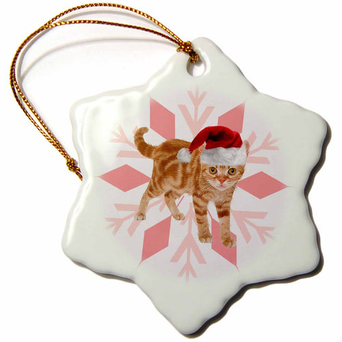 White snowflake porcelain ornament with orange tabby cat in red Santa hat, hanging loop
