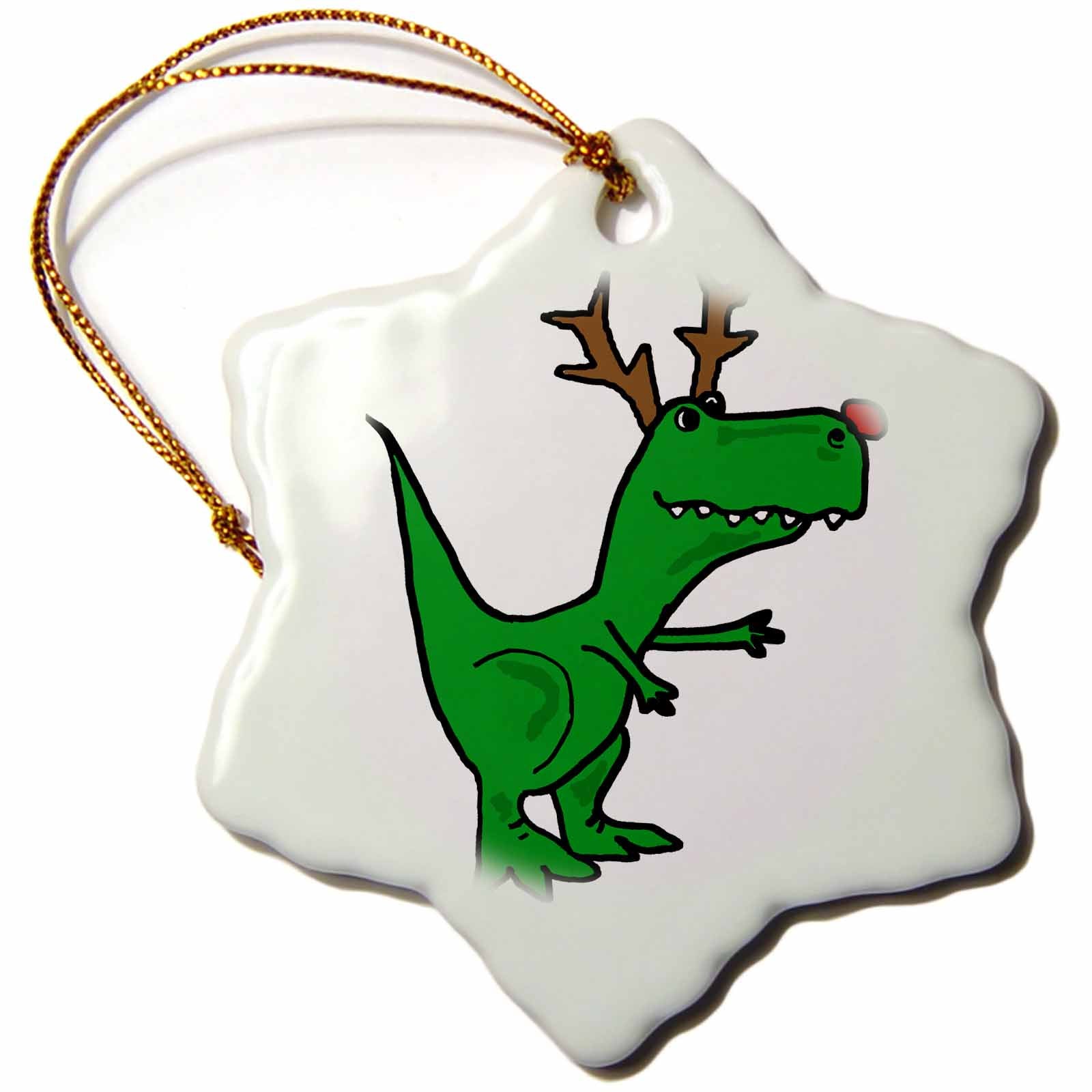 Snowflake porcelain ornament with smiling green dinosaur character