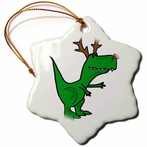 Snowflake porcelain ornament with smiling green dinosaur character