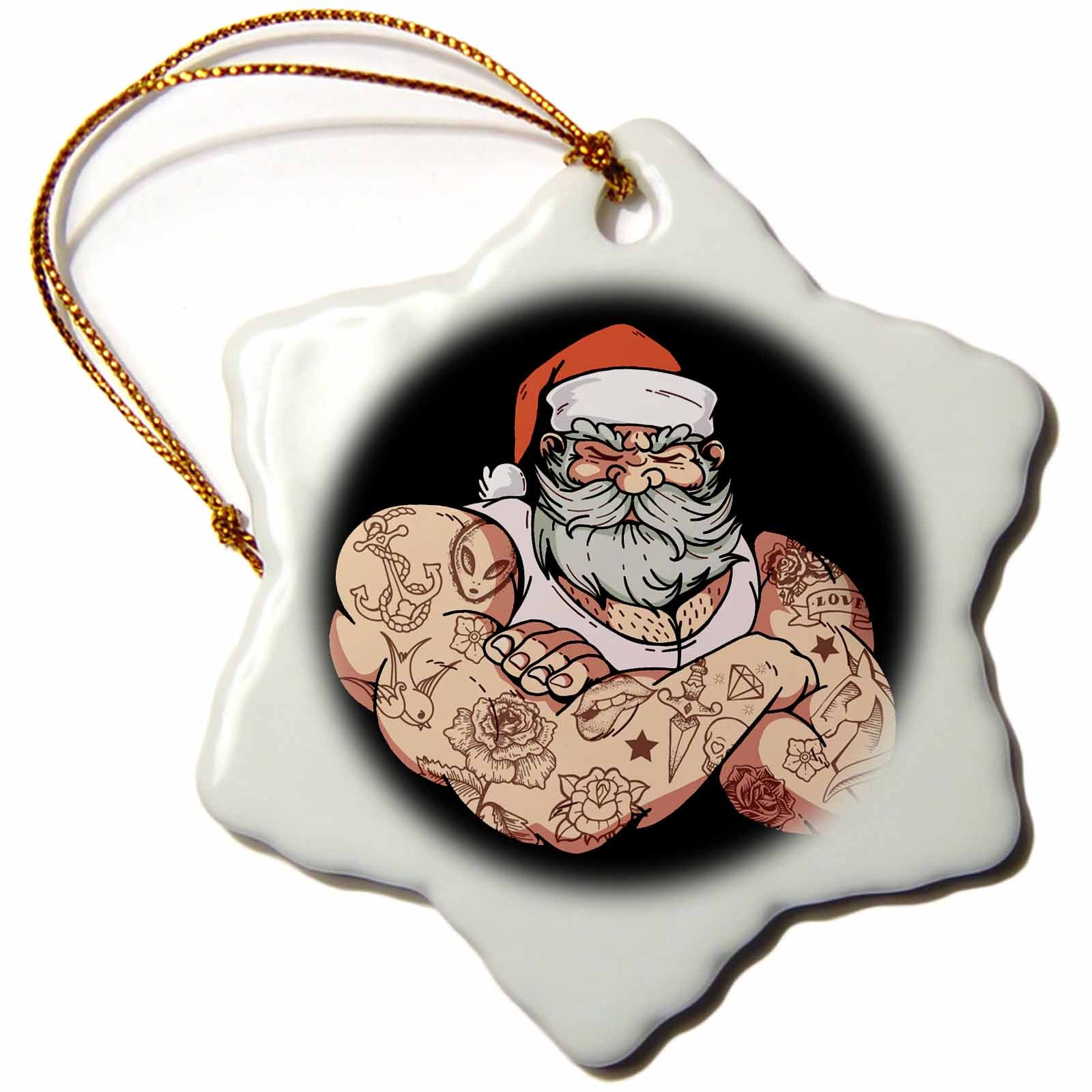 Porcelain snowflake ornament with hanging loop, featuring Santa Claus tattoo-style artwork