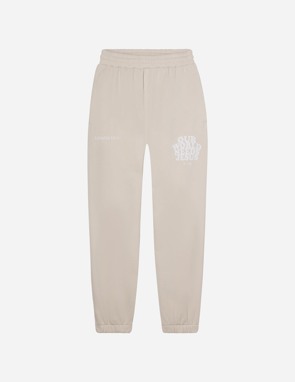 Beige unisex sweatpants with logo print on leg and elastic waistband