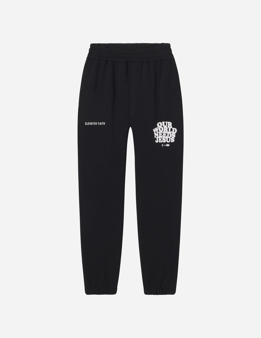 Black unisex sweatpants with elastic waistband and Our World Needs Jesus leg logo