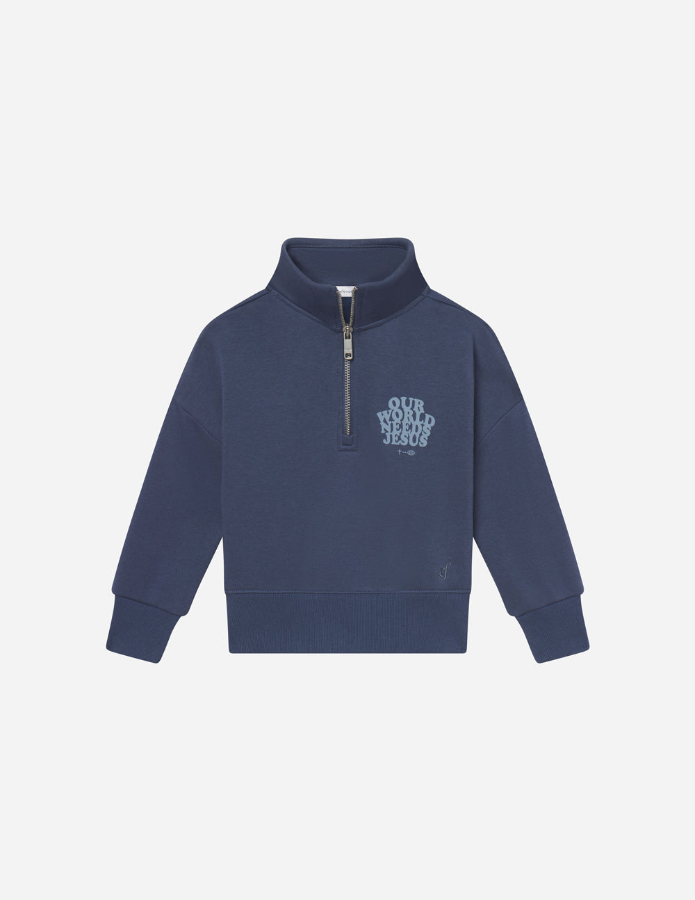 Kids navy half-zip sweatshirt with small chest graphic and zipper collar