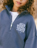 Kids half-zip sweatshirt in dark blue with quarter-zip placket and front logo