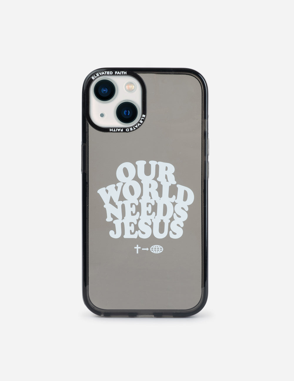 Black phone case with camera cutouts and white “OUR WORLD NEEDS JESUS” text
