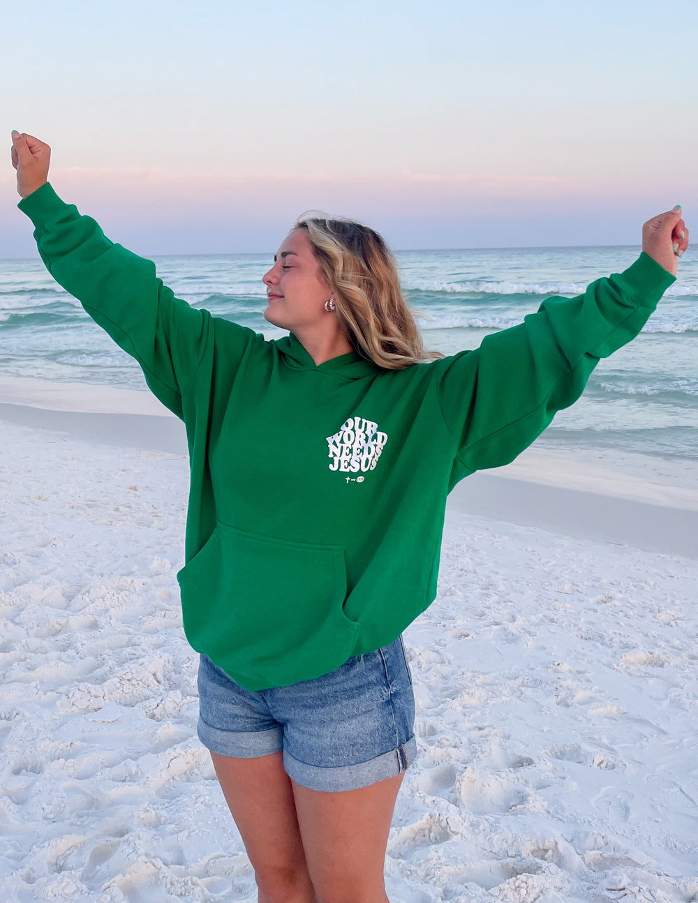Green unisex hoodie with white chest graphic and oversized hood