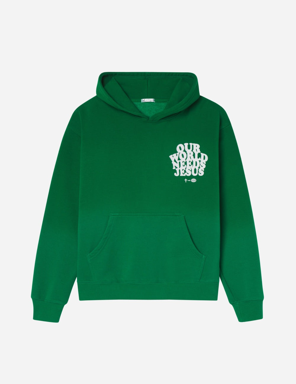 Green unisex hoodie with chest "Our World Needs Jesus" graphic