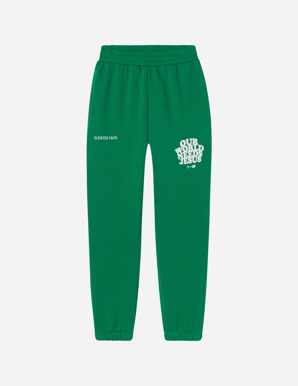 Green unisex sweatpants with logo print on right leg, cuffed hem
