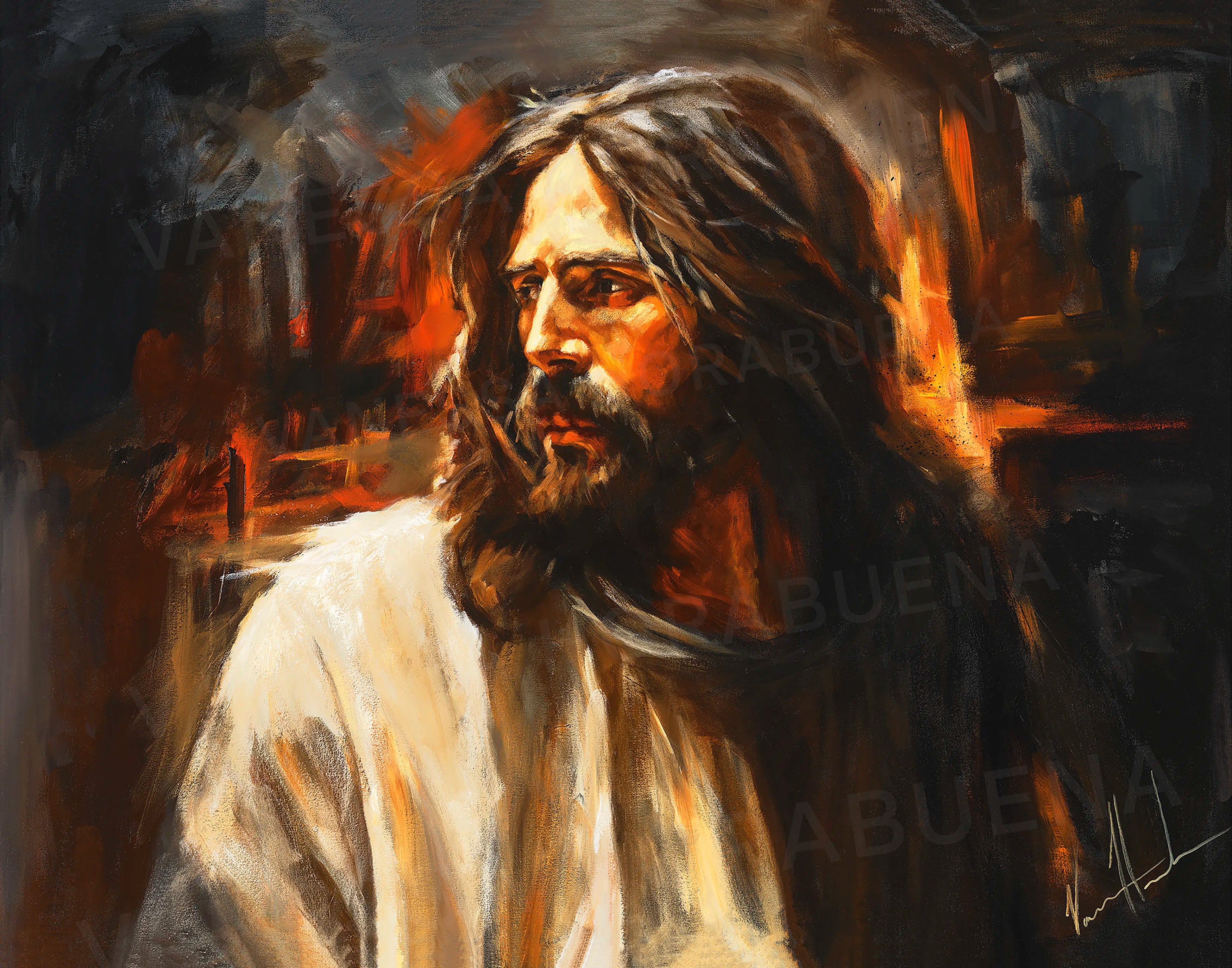 Our Beloved King close-up print of a bearded man with long hair in white robe