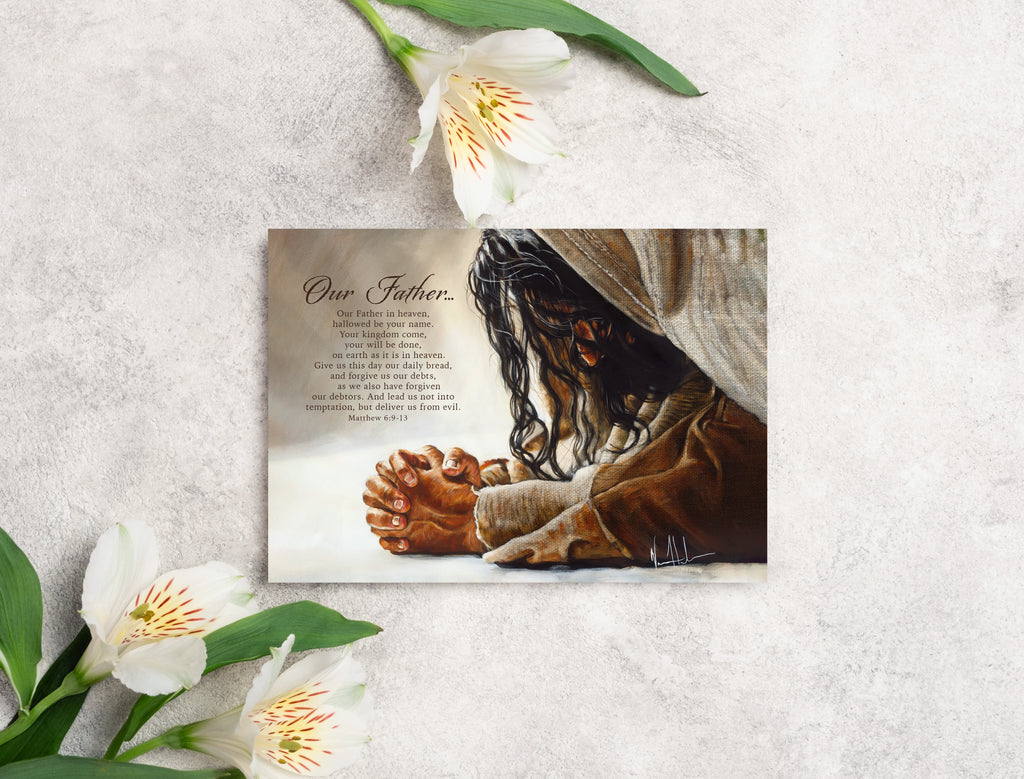 Greeting card front with Jesus praying hands illustration in brown and beige
