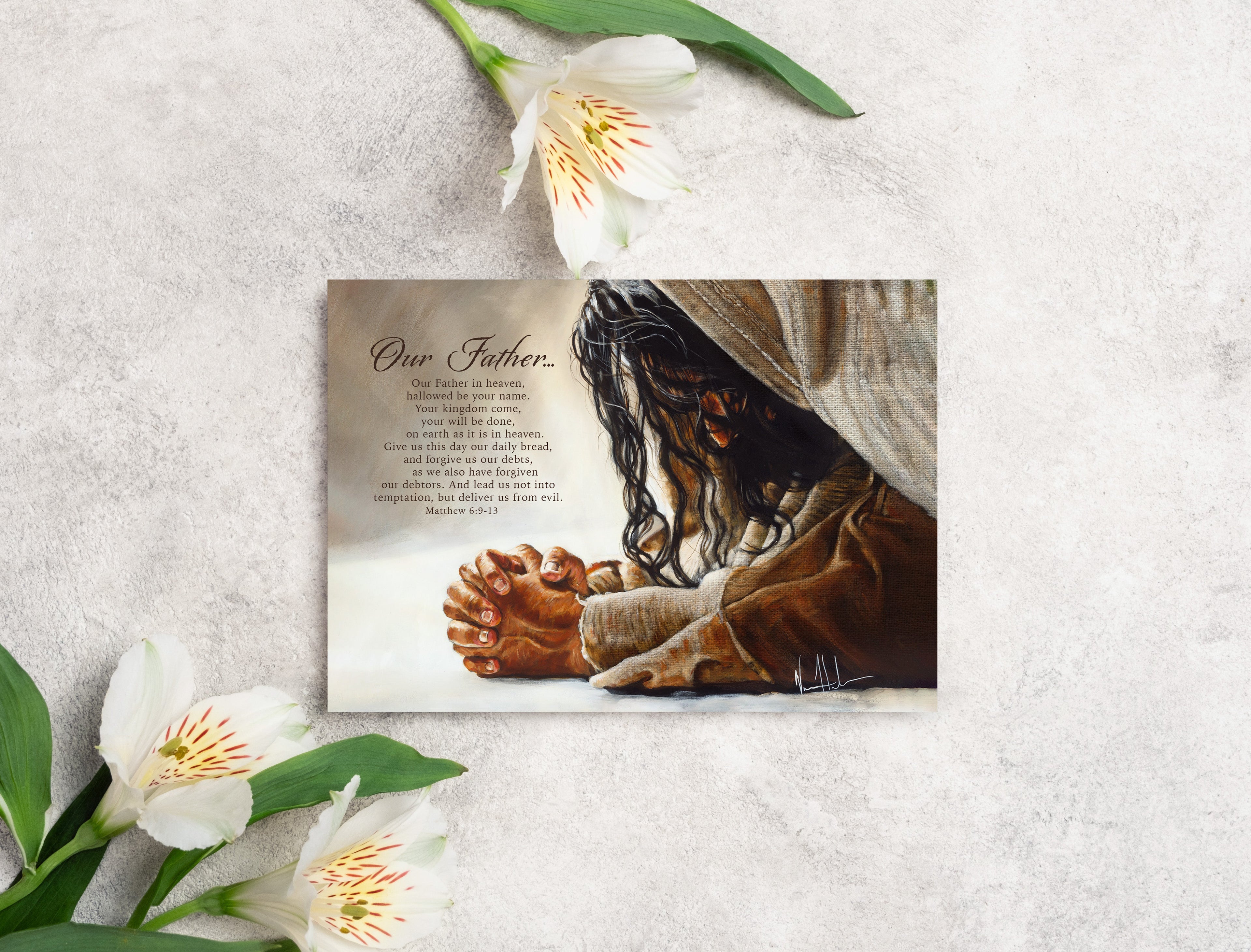 Greeting card front with Jesus praying hands illustration in brown and beige