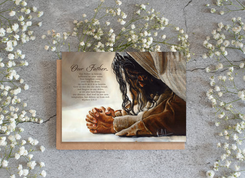 Greeting card front with Jesus praying hands, brown and beige art, small religious text