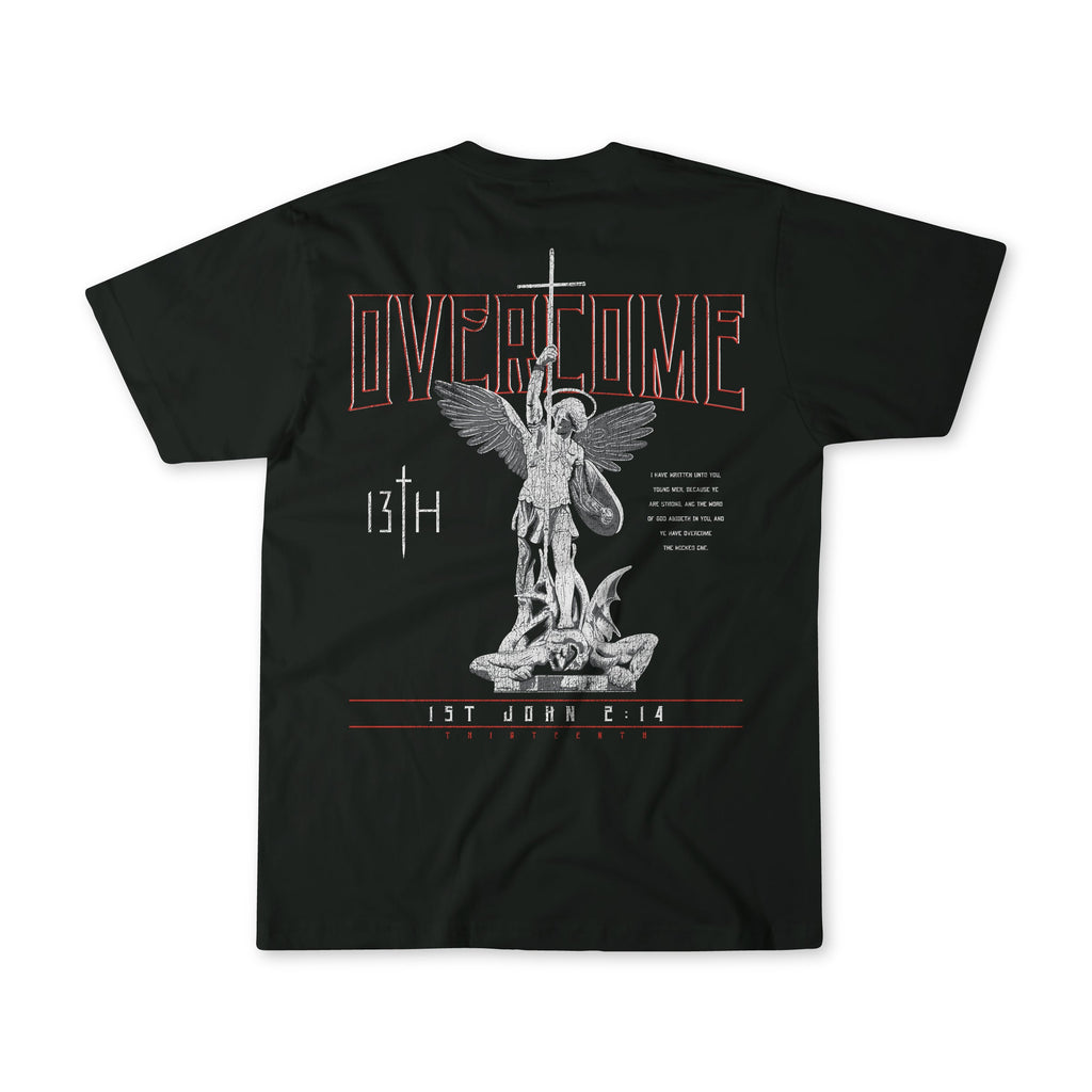 Black tee shirt front with Overcome angel graphic and red ribbon text