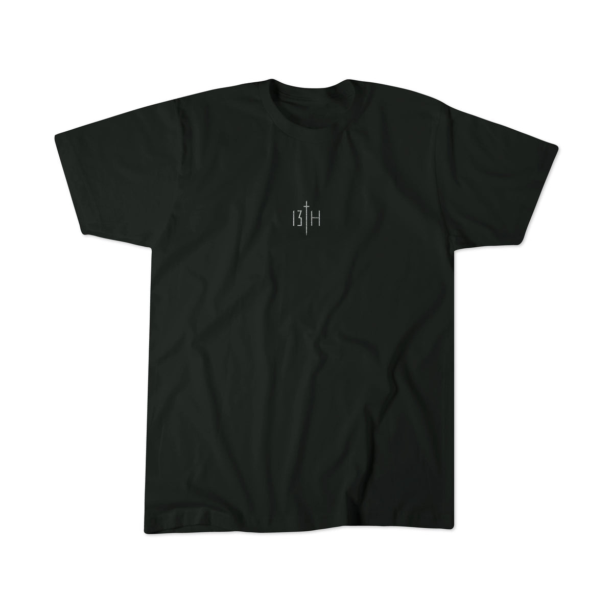 Black tee shirt front plain with small white '13TH' cross print