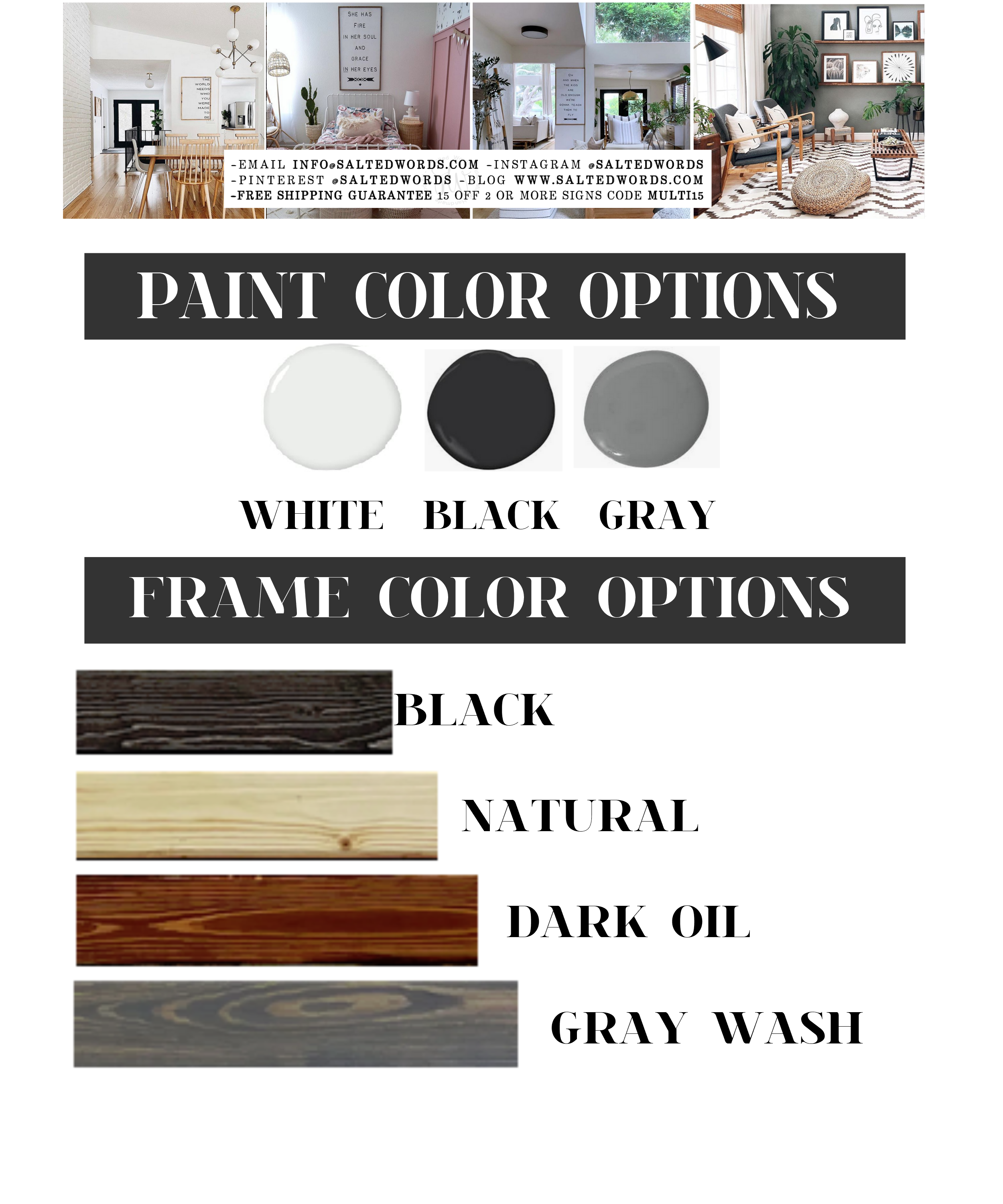 Paint and frame color options chart with swatches for wall signs