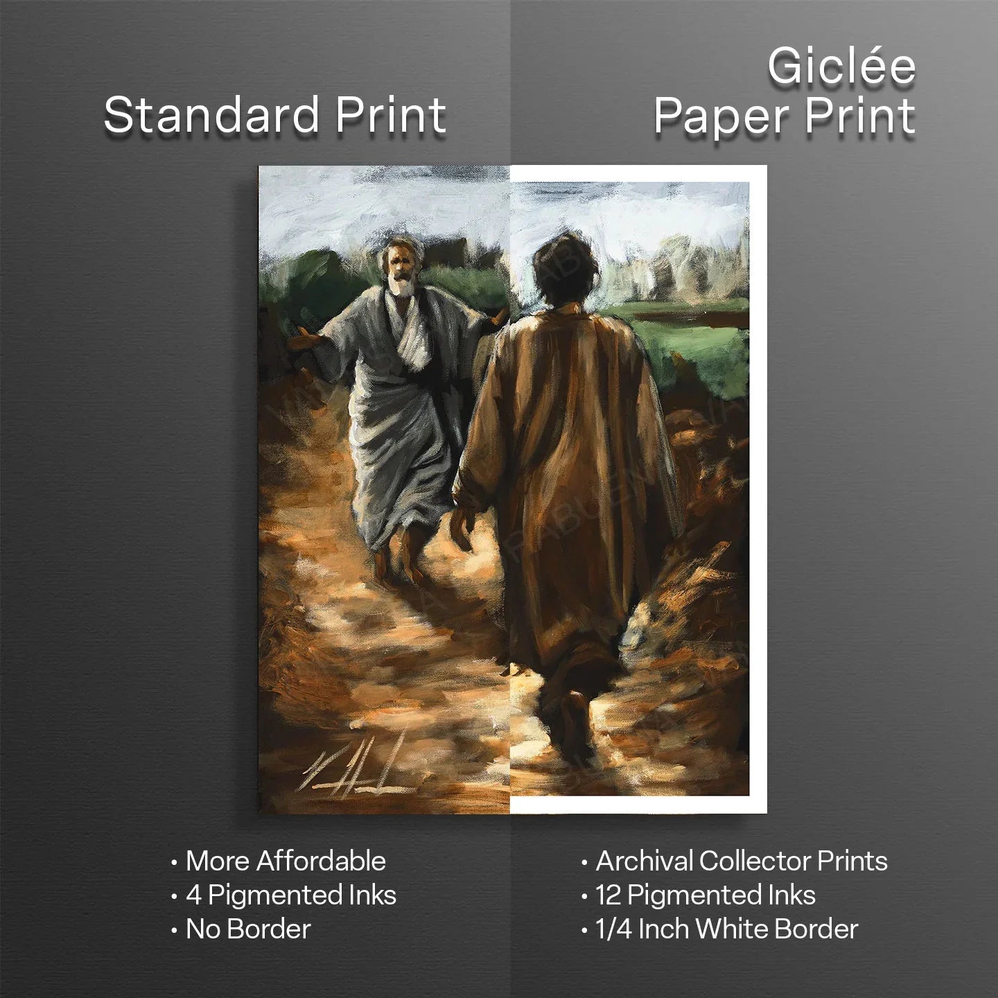Artwork print with comparison text showing Standard Print and Giclée Paper Print