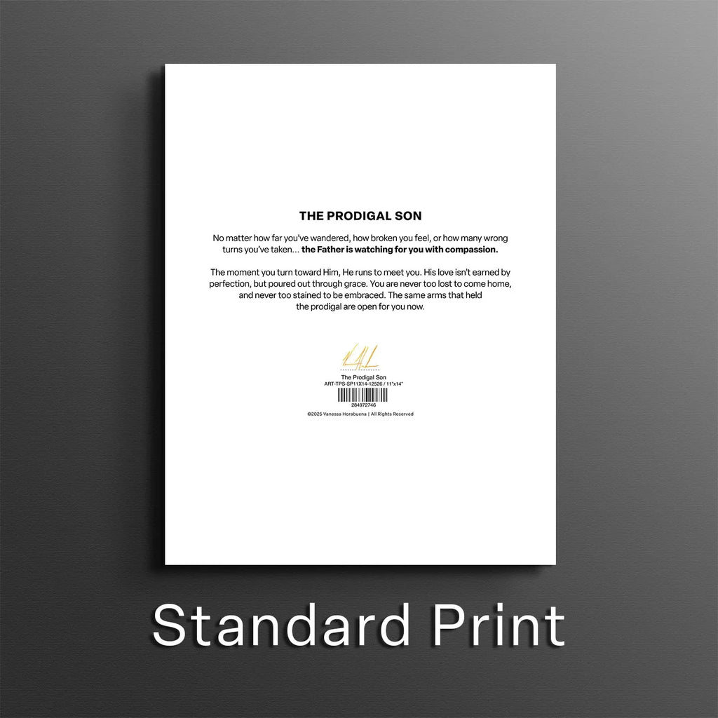 White artwork print back page with small centered text block and logo