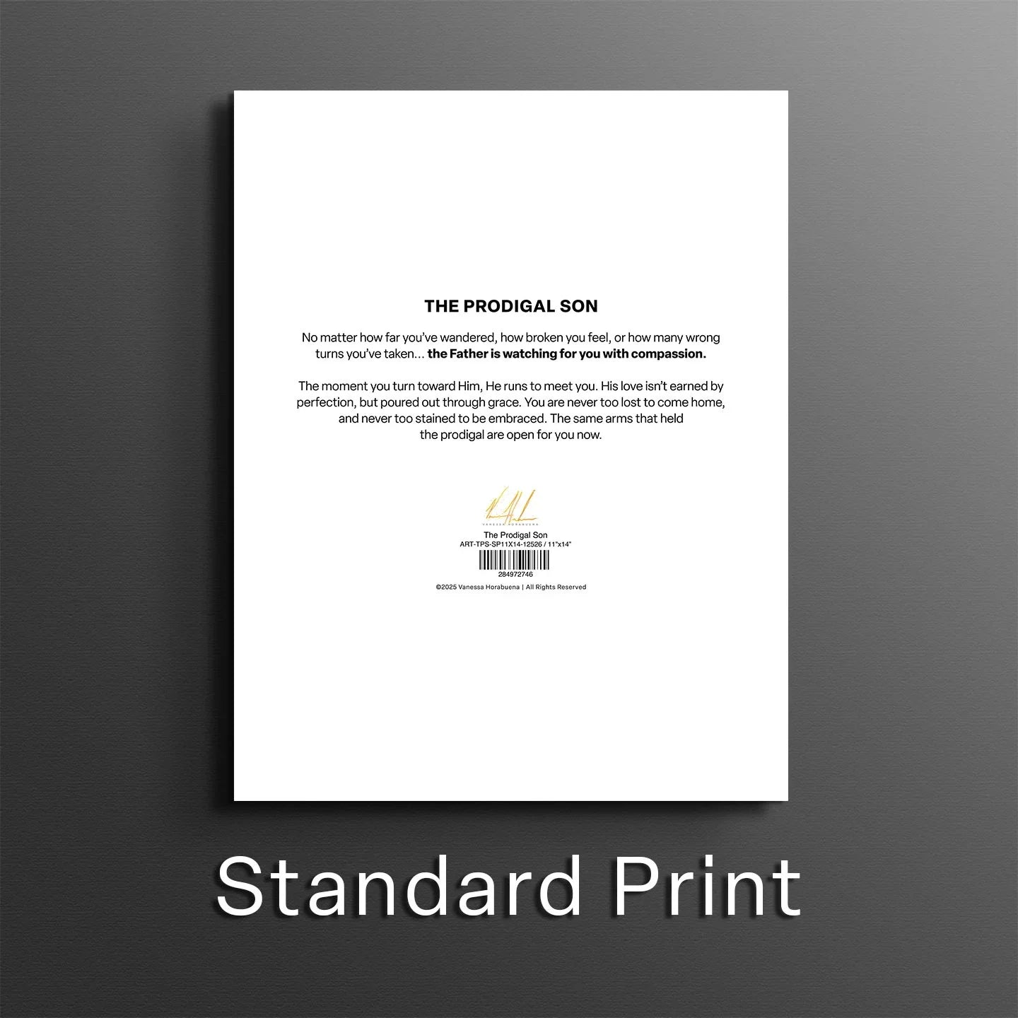 White artwork print back page with small centered text block and logo