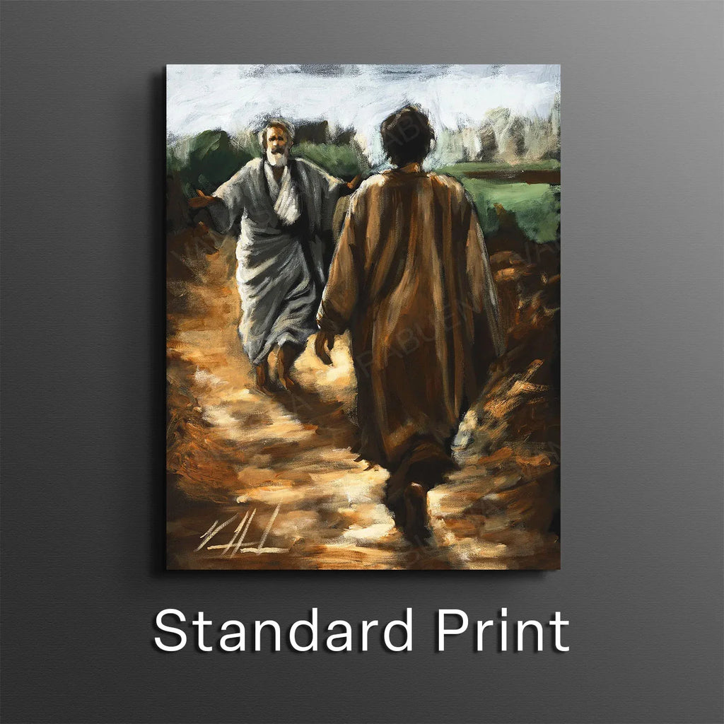 Framed artwork print of two men walking on a dirt path, seen from behind